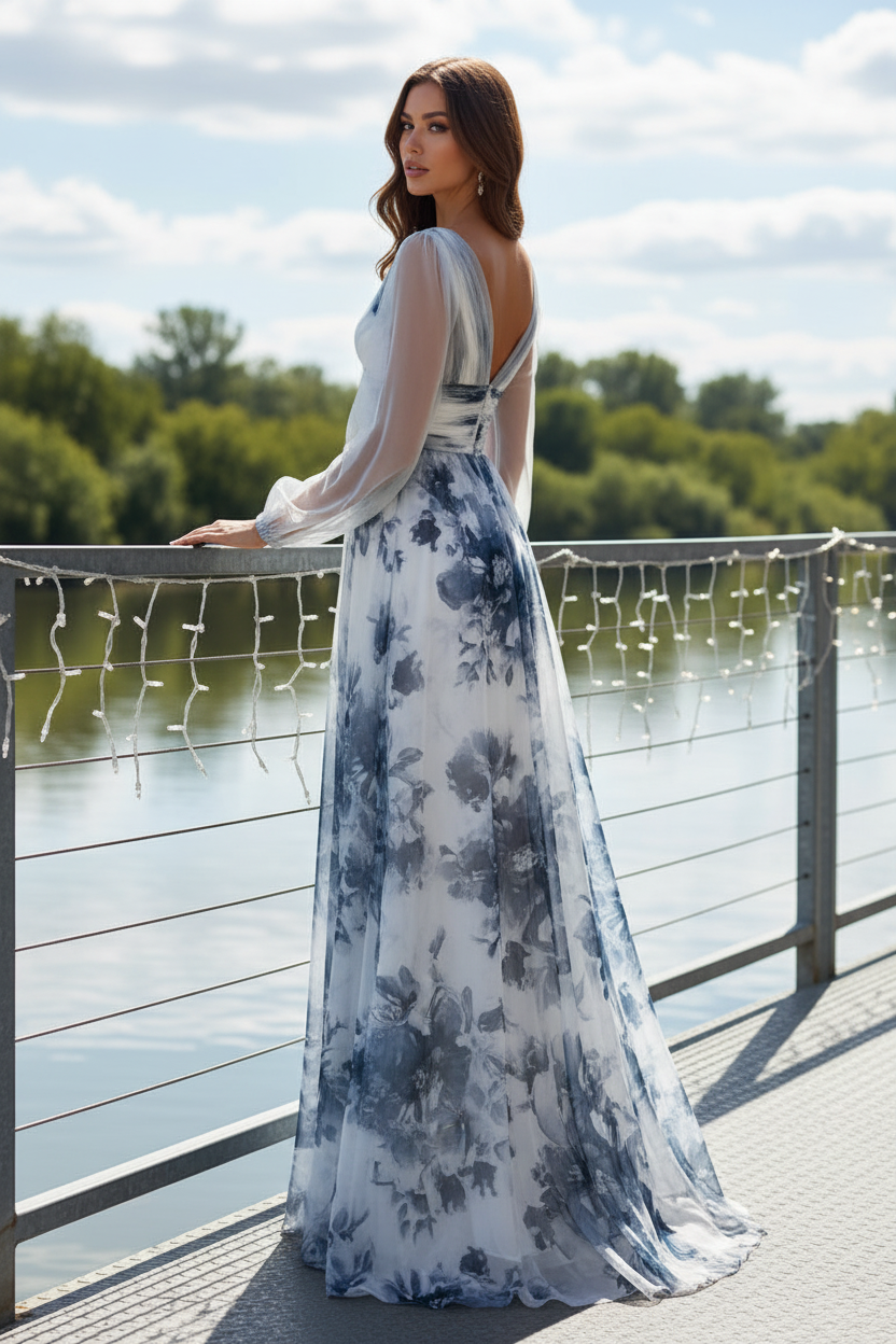 Floral Print V-Neck Evening Gown with Slit