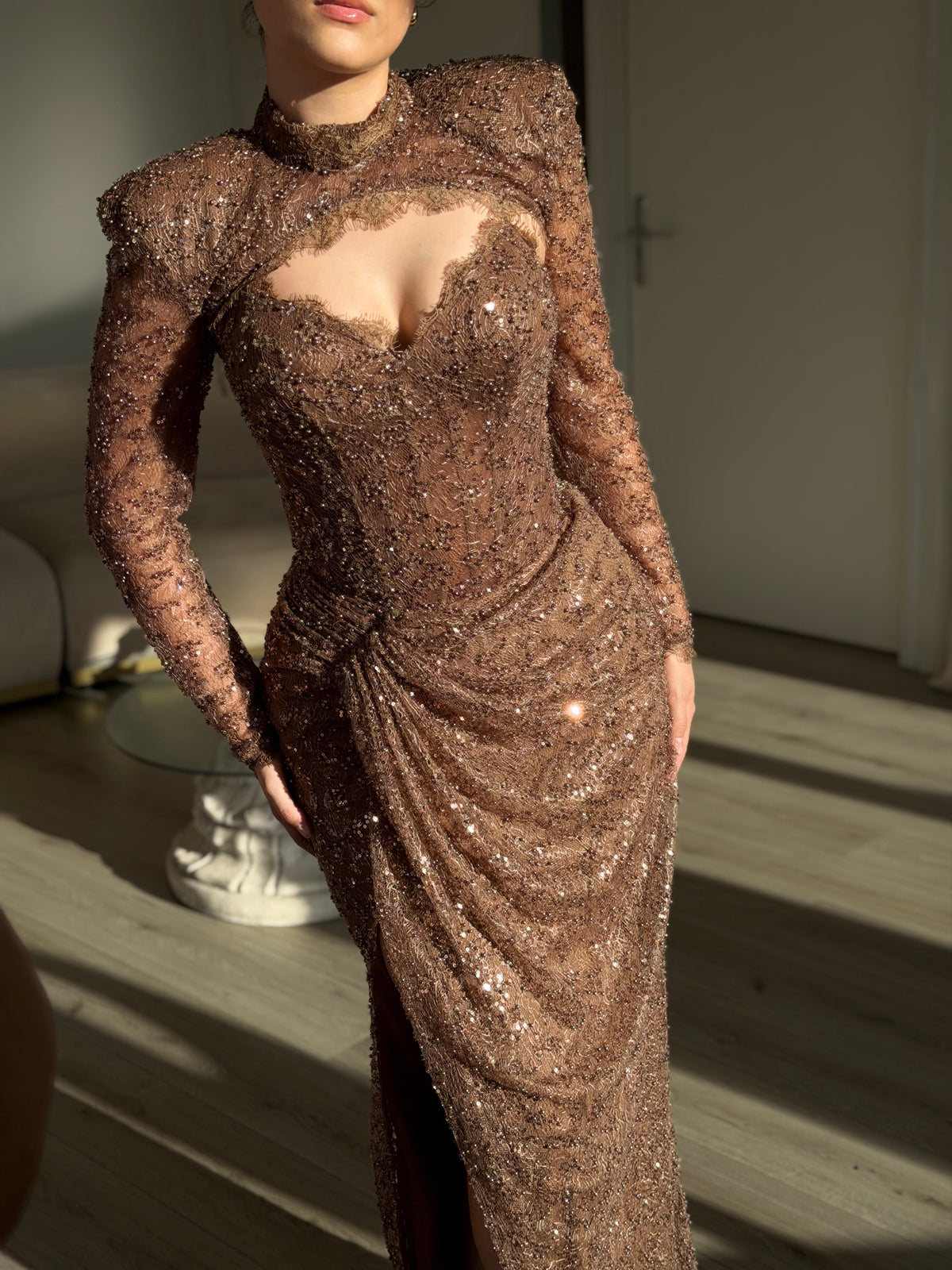 Beaded Cutout High Neck Long Sleeve Evening Gown