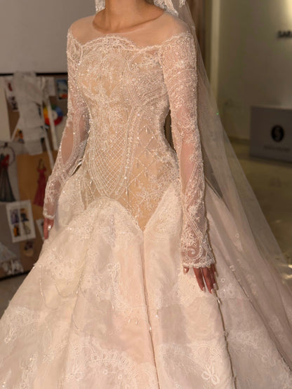 Lace & Beaded Ball Gown Wedding Dress with Sleeves