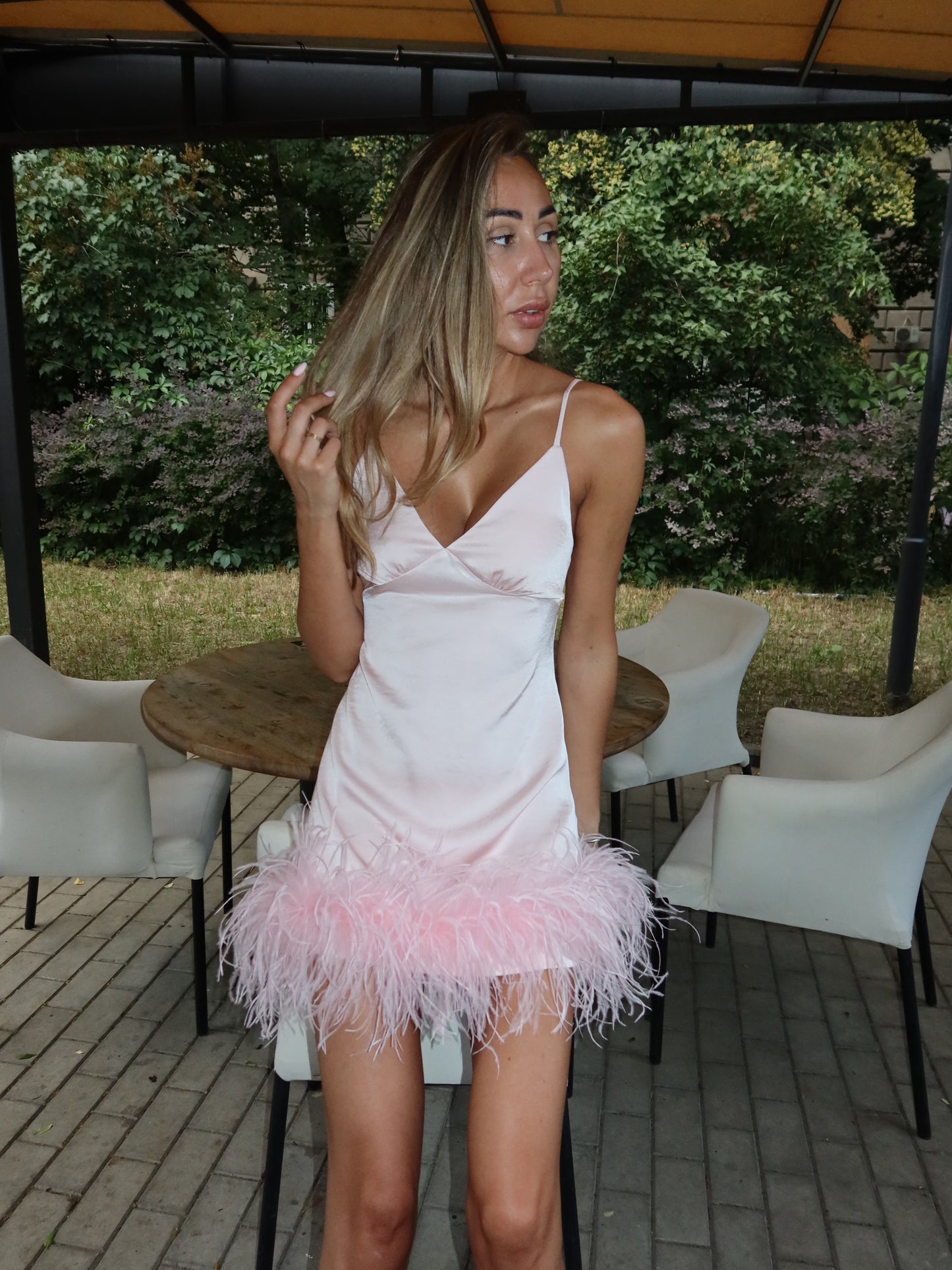 Satin Slip Mini Dress with Feather Hem