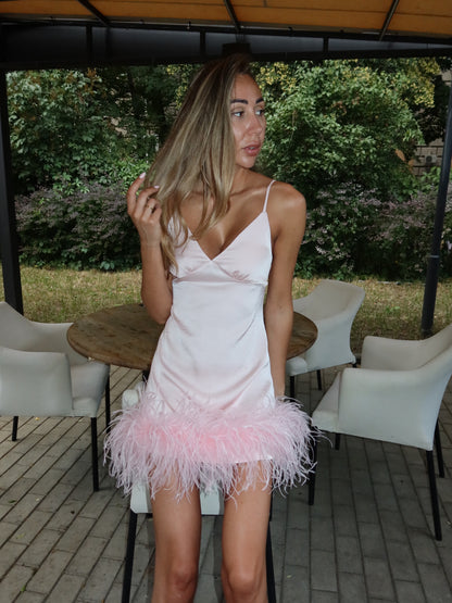 Satin Slip Mini Dress with Feather Hem