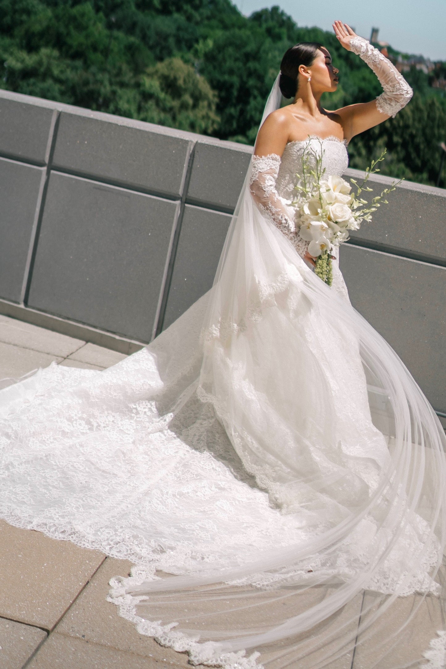 Strapless Lace Ball Gown Wedding Dress with Sleeves