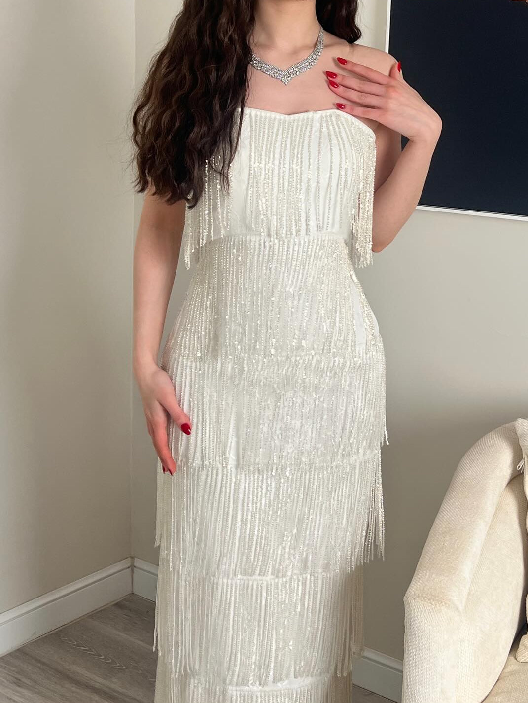 Tiered Fringe Sequin Column Maxi Dress
