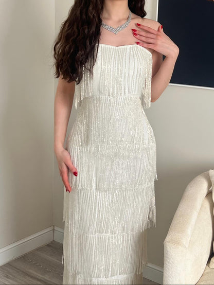 Tiered Fringe Sequin Column Maxi Dress