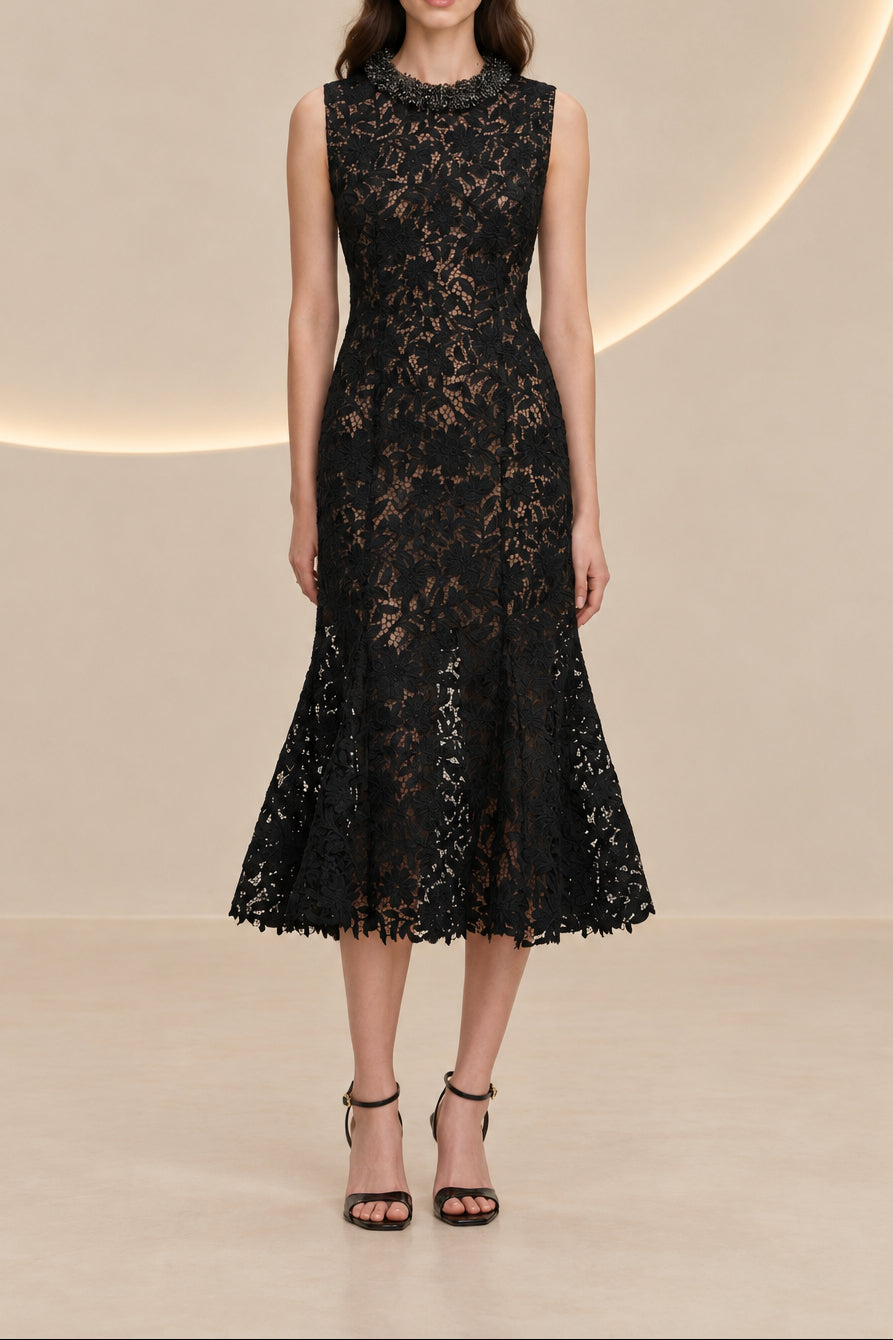 Beaded High Neck Lace Trumpet Midi Dress
