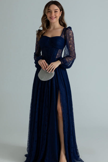 Long Sleeve Lace Corset A-Line Evening Gown with Slit