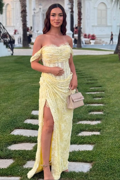 Off-The-Shoulder Lace Maxi Dress with Corset Bodice