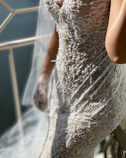 Halter Lace Mermaid Wedding Dress with Detachable Train