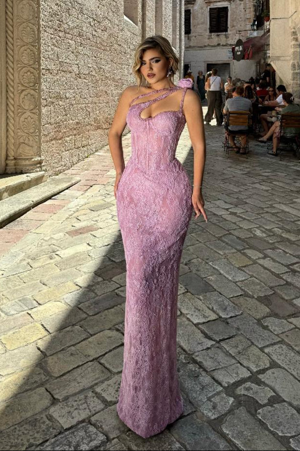 One-Shoulder Lace Corset Evening Gown