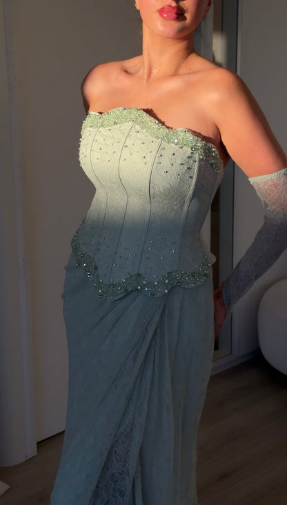 Strapless Beaded Corset Lace Evening Gown with Gloves