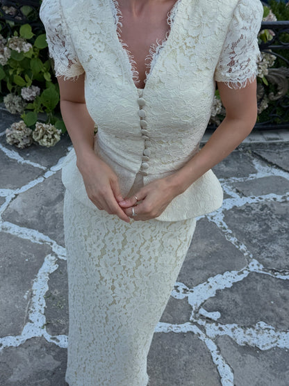 Lace Peplum Midi Dress with Puff Sleeves