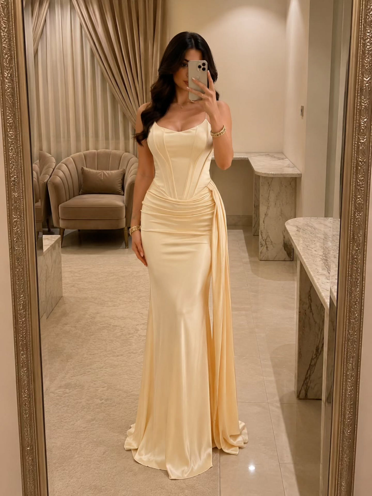 Corset Satin Evening Gown with Slit and Drape