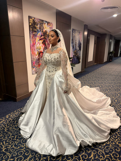 Beaded Illusion Wedding Dress with Satin Overskirt