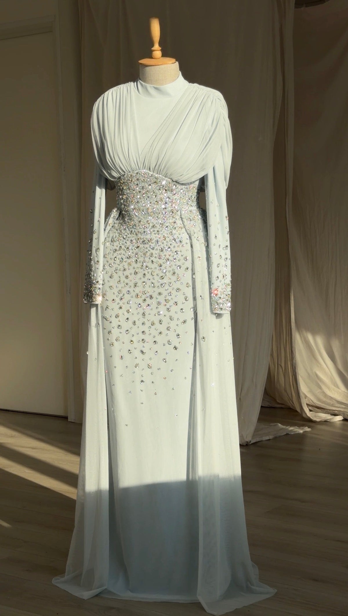 High-Neck Rhinestone Gown with Draped Bodice