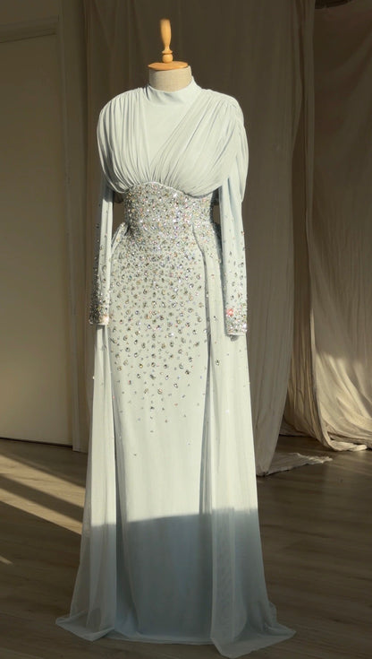 High-Neck Rhinestone Gown with Draped Bodice