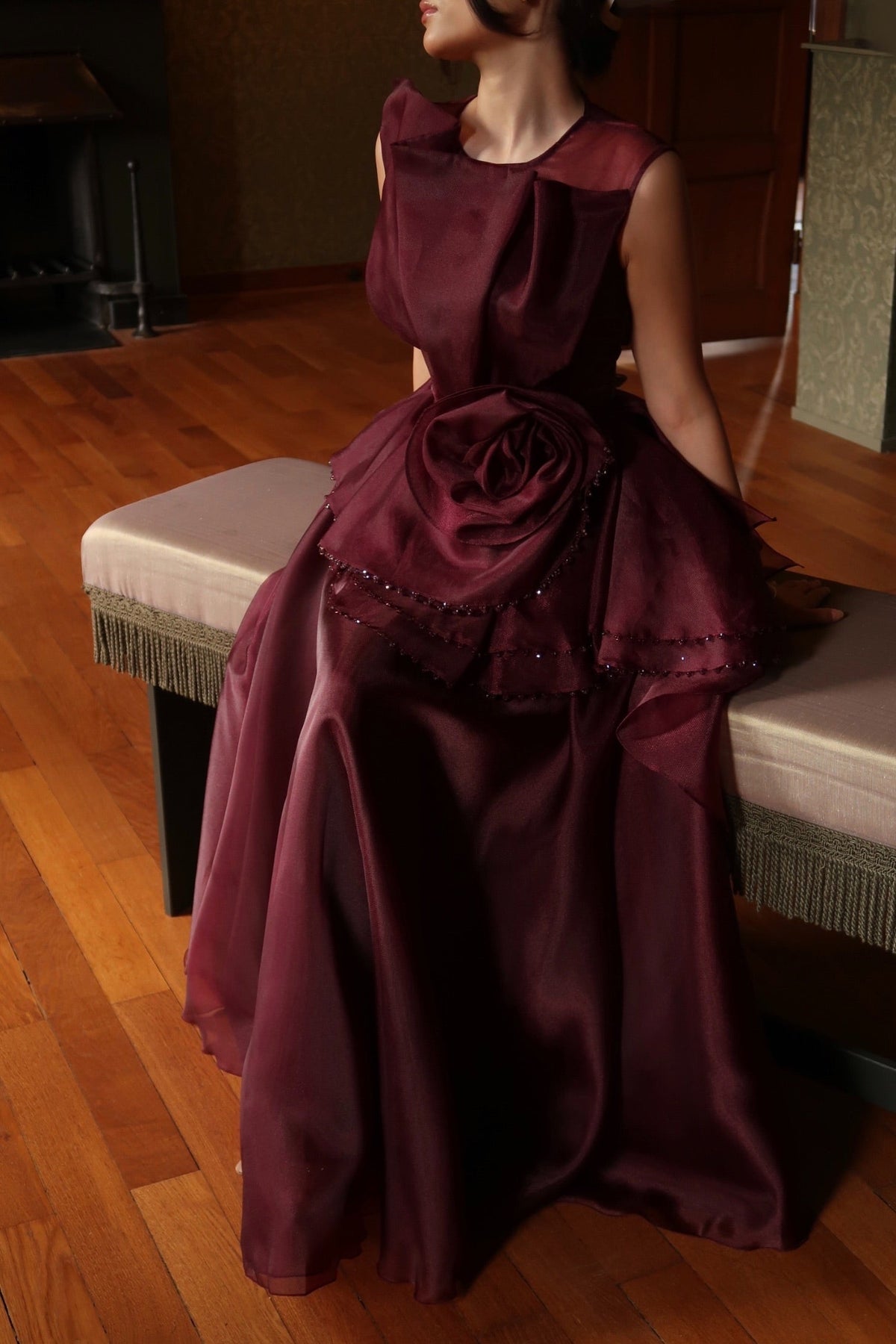 Sleeveless Maxi Gown with Rosette Peplum