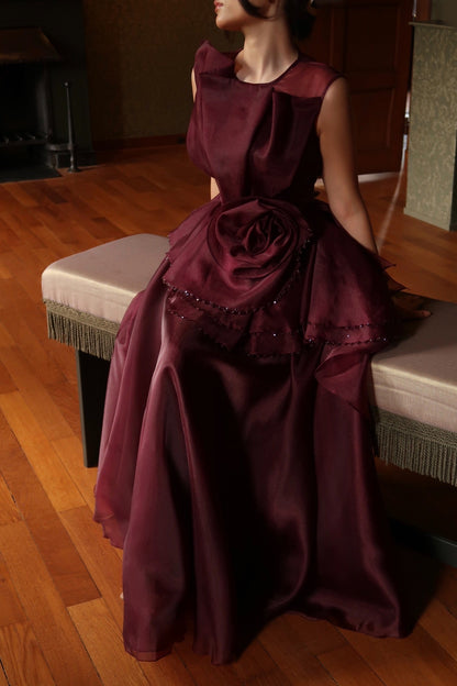 Sleeveless Maxi Gown with Rosette Peplum