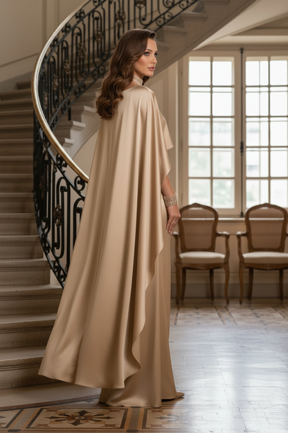 Floor-Length Satin Gown with Attached Cape