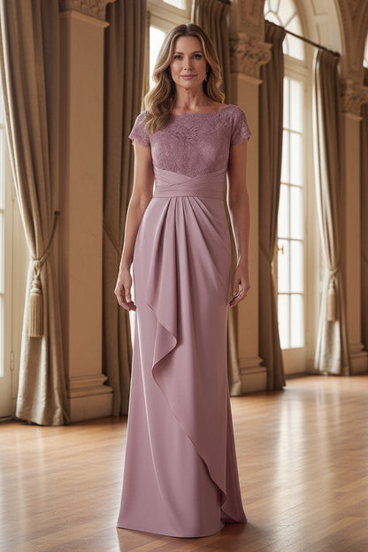 Lace Bodice Draped Column Formal Evening Gown