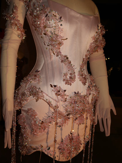 Beaded Corset Mini Dress with Gloves