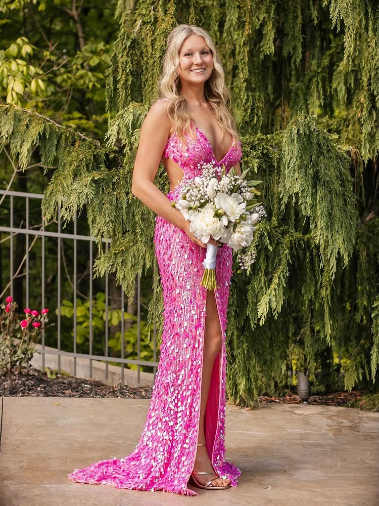Sequin Open Back High Slit Evening Gown