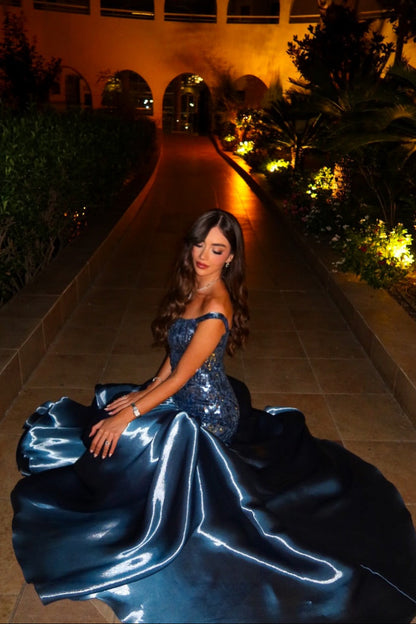 Sequin Trumpet Gown with Off-Shoulder Neckline