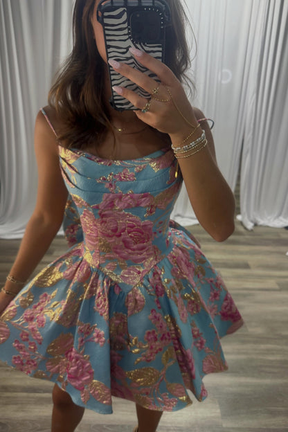 Floral Jacquard Spaghetti Strap Mini Dress with Bow