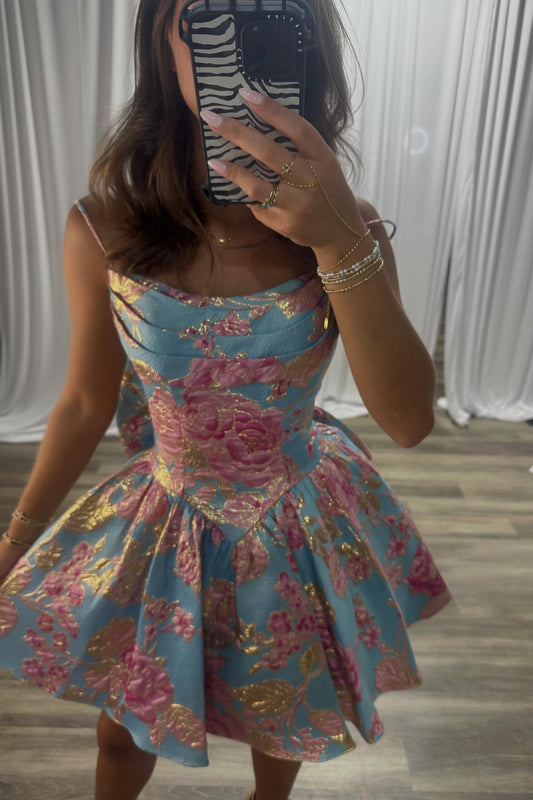 Floral Jacquard Spaghetti Strap Mini Dress with Bow