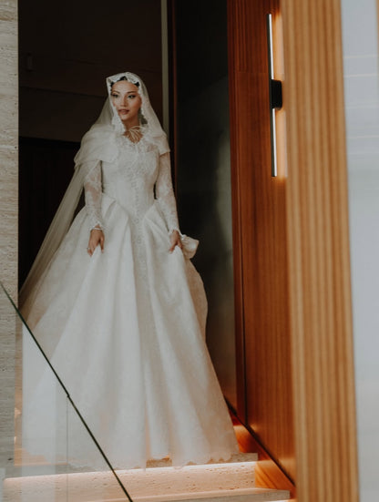 Lace Ball Gown Wedding Dress with Cape & Long Sleeves