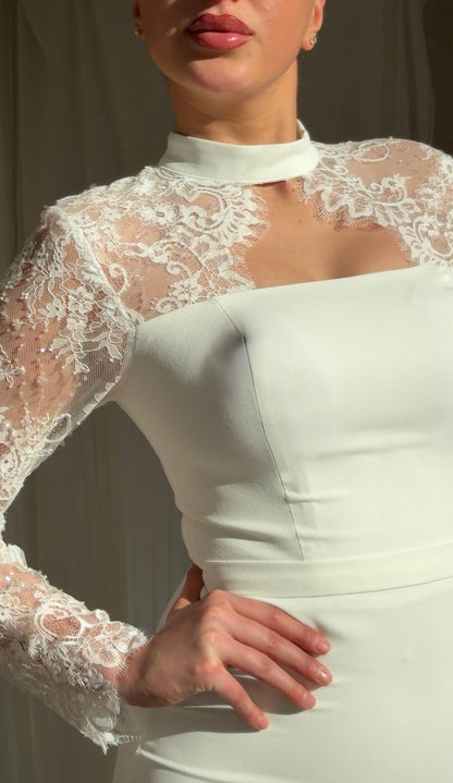 Lace-Yoke Long Sleeve Mermaid Evening Gown