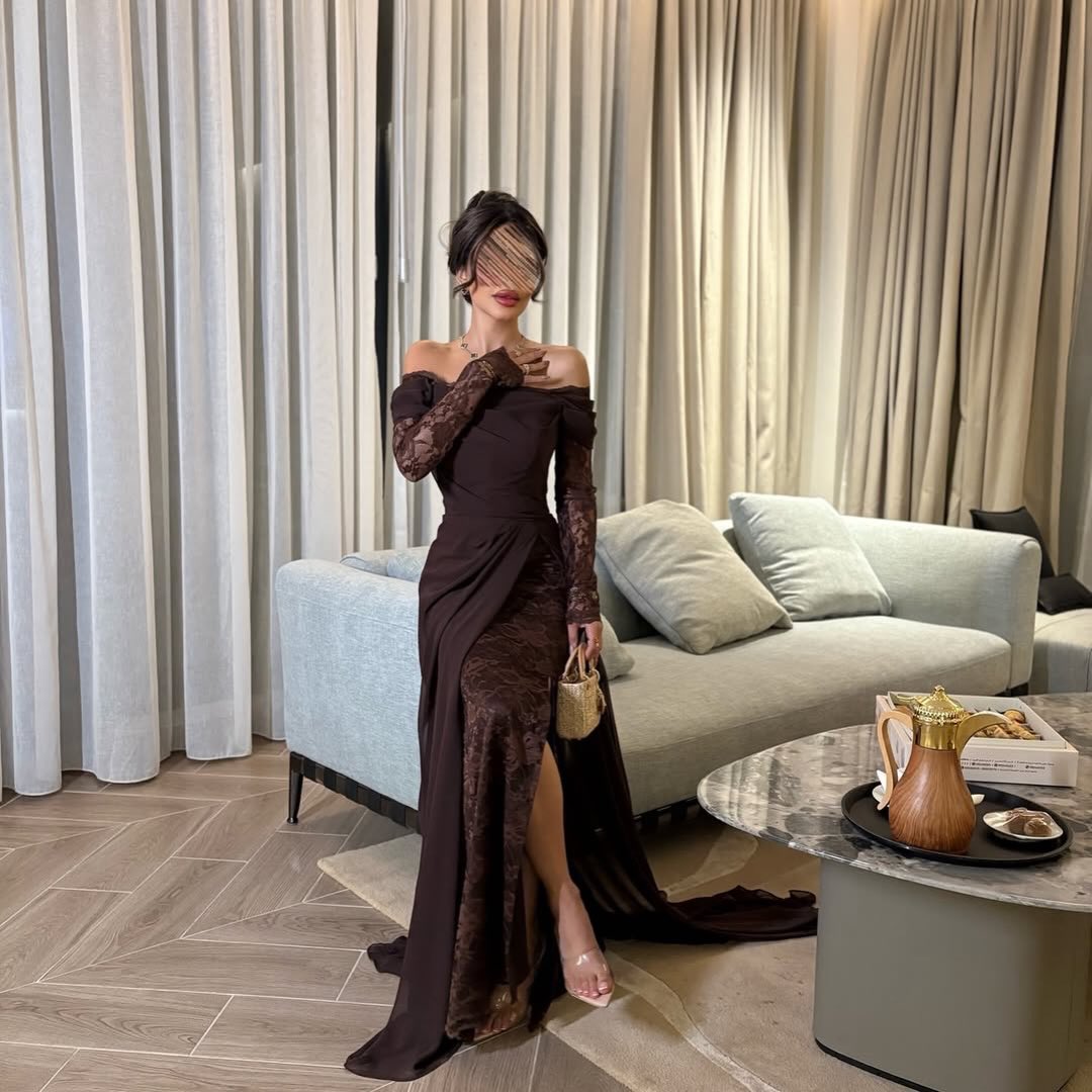 Off-Shoulder Lace Sleeve Evening Gown