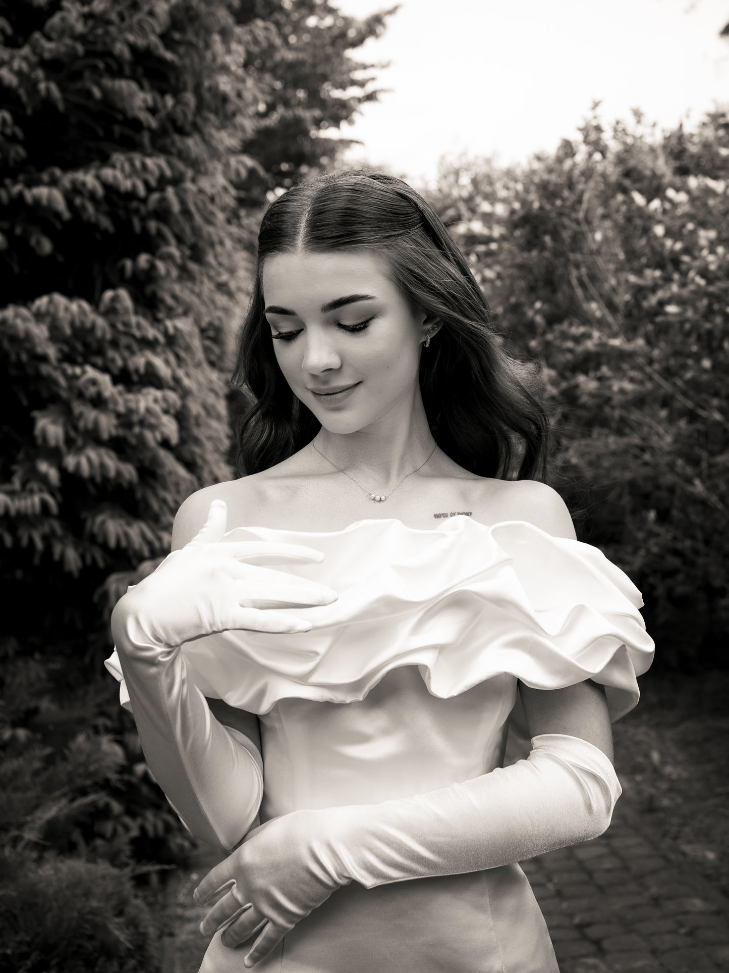 Off-the-Shoulder Ruffled Satin Mini Dress