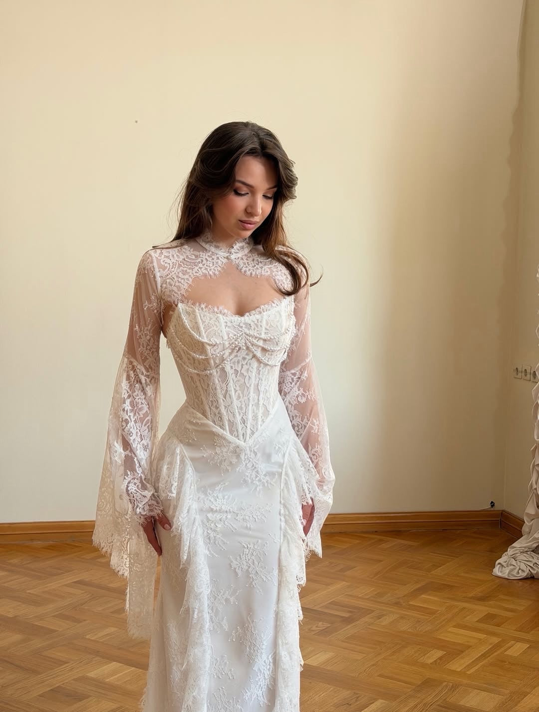 Lace Corset Mermaid Wedding Dress with Bell Sleeves