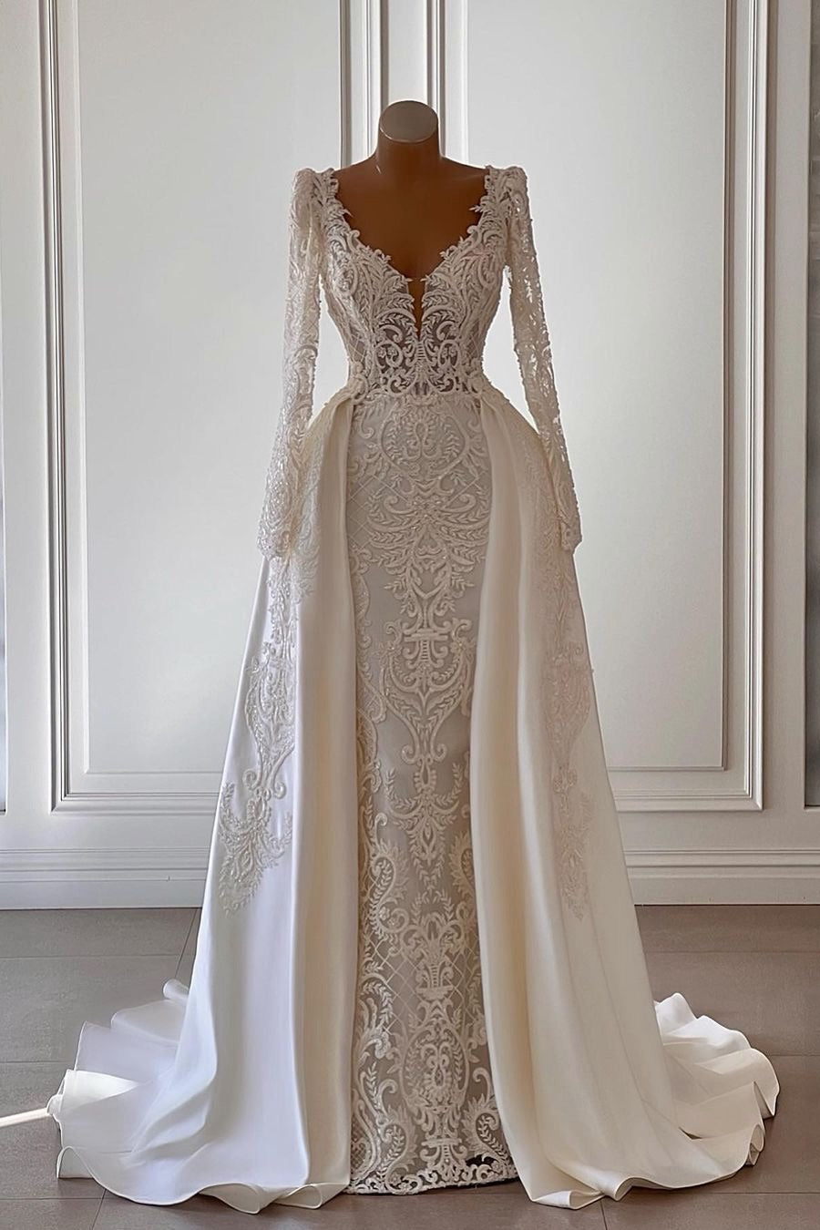 Lace Column Wedding Dress with Detachable Overskirt
