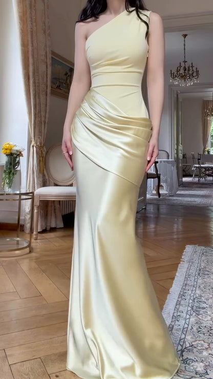 One-Shoulder Draped Satin Floor-Length Gown