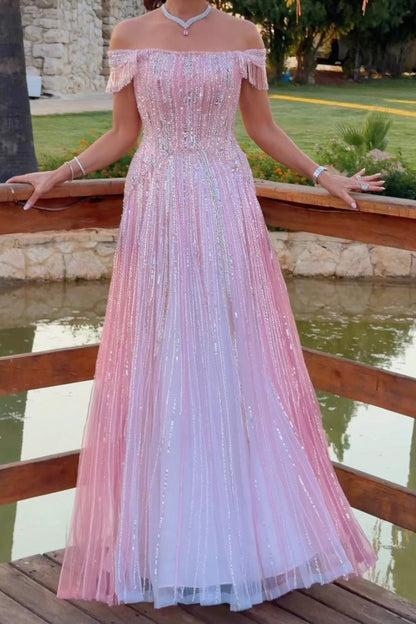 Off-the-Shoulder Sequin Ombre A-Line Gown with Fringe Trim