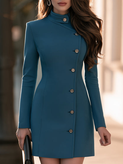 Asymmetrical Button Front Long Sleeve Mini Dress