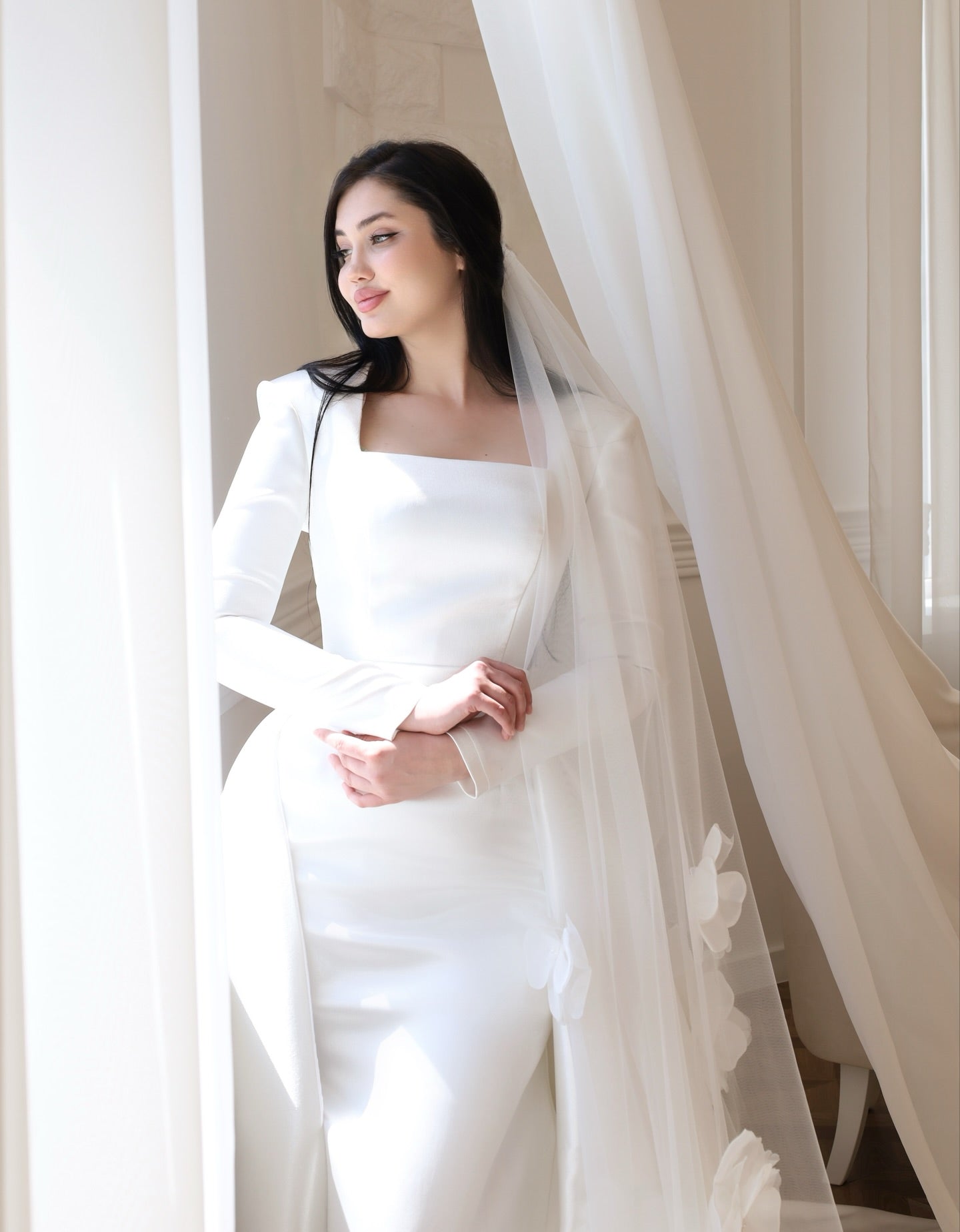 Long Sleeve Satin Column Wedding Dress with Flower Train