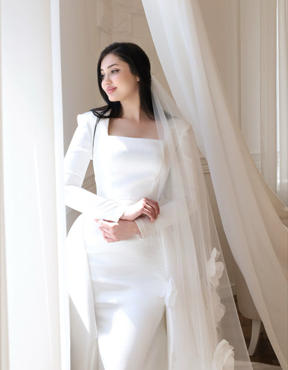 Long Sleeve Satin Column Wedding Dress with Flower Train