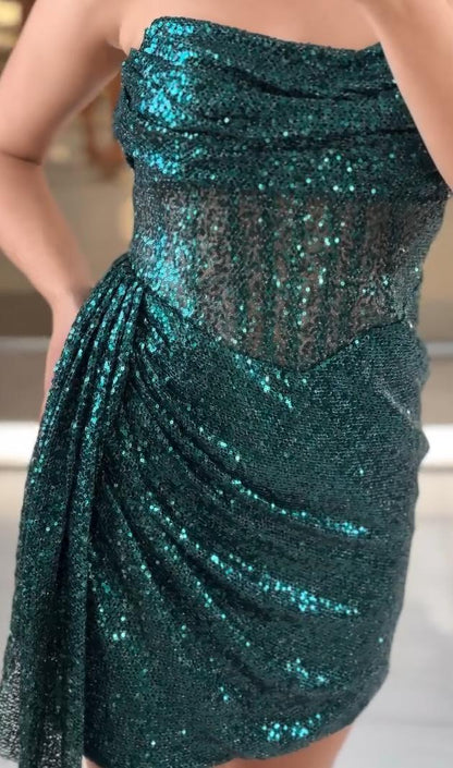 Strapless Sequined Corset Mini Dress with Side Drape