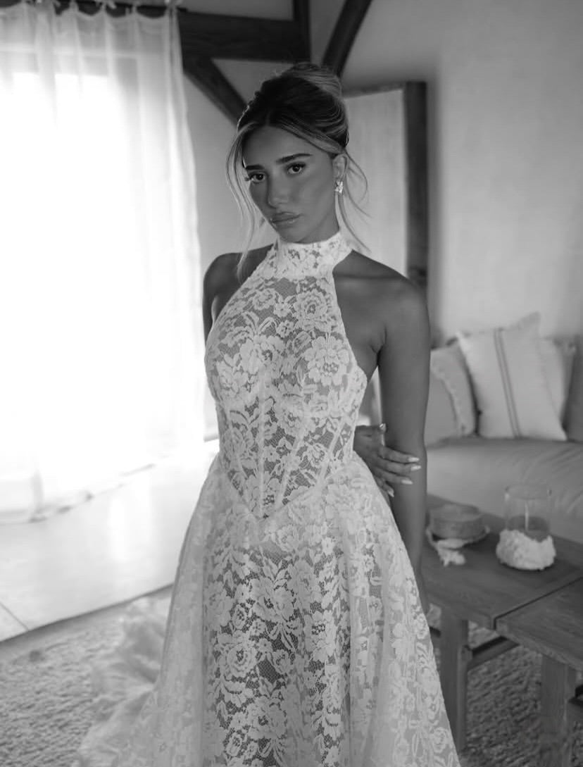 High-Neck Lace Wedding Dress with Train
