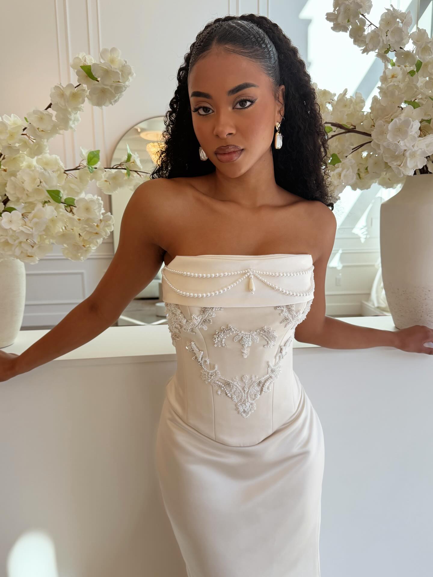 Strapless Pearl Beaded Corset Satin Gown