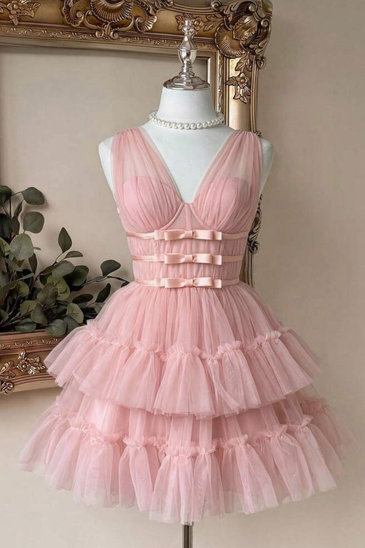 Corset V-Neck Tiered Tulle Homecoming Dress