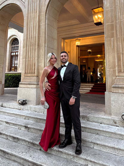 One-Shoulder Ruched Satin Cut-Out Evening Gown