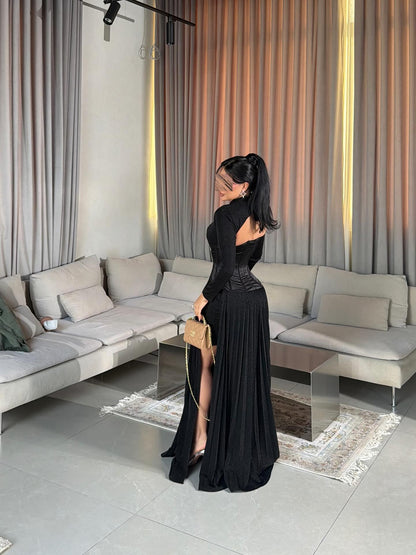 High Neck Corset Gown with Pleated Overskirt