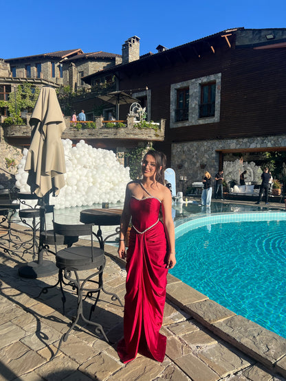 Asymmetric Draped Satin Evening Gown