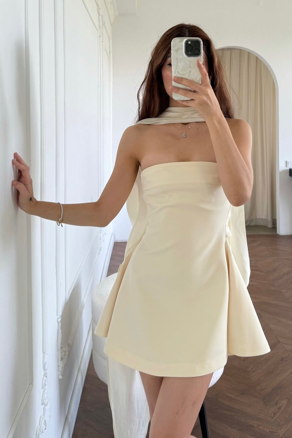 Strapless Mini Dress with Draped Neck Scarf