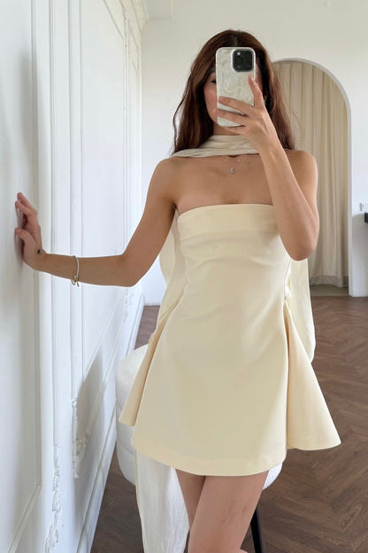 Strapless Mini Dress with Draped Neck Scarf