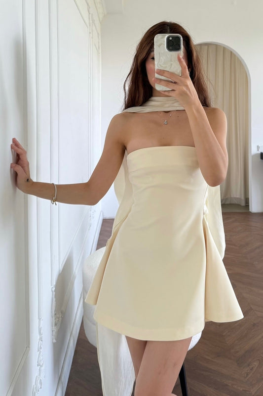 Strapless Mini Dress with Draped Neck Scarf