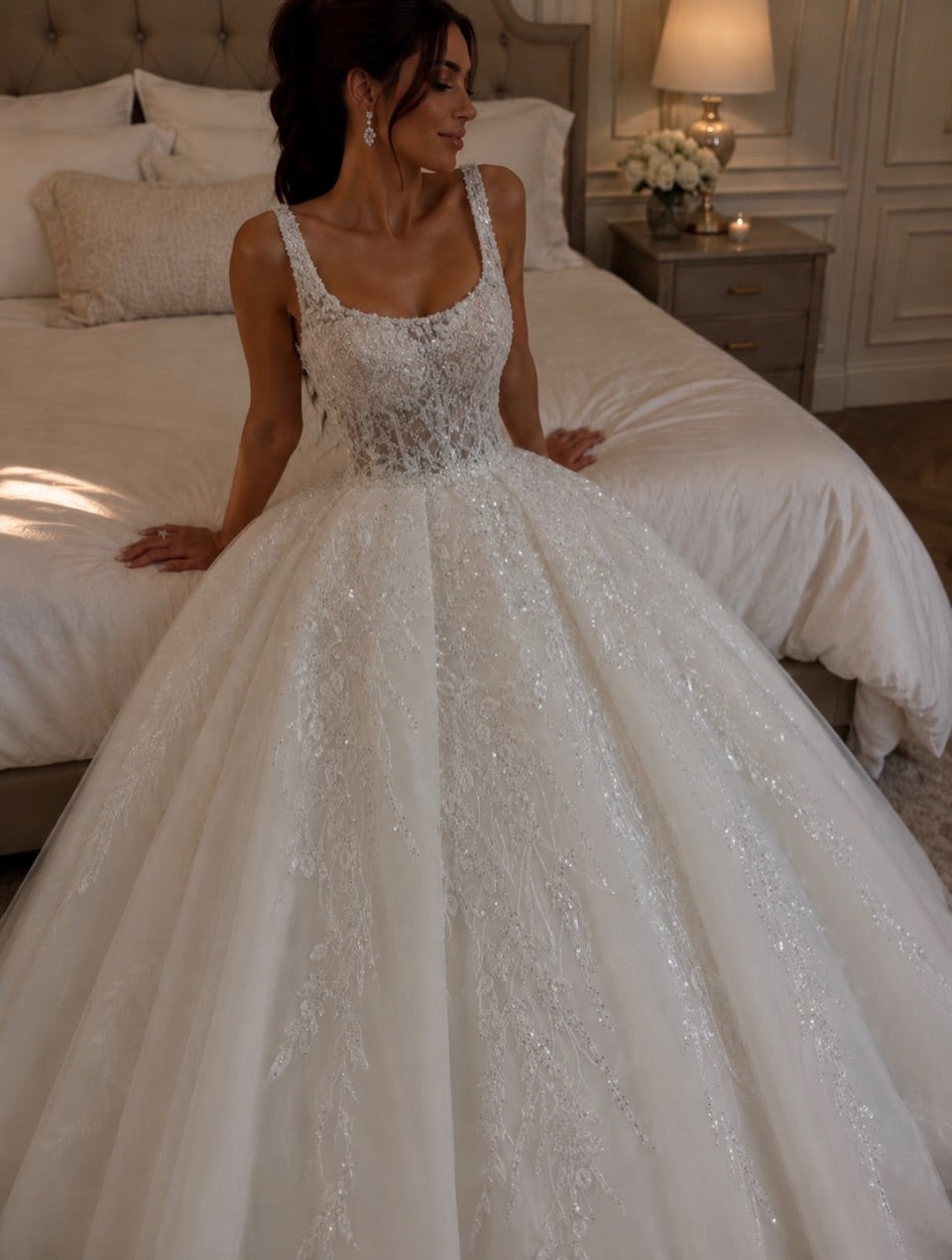 Beaded Lace Ball Gown Wedding Dress with Scoop Neck